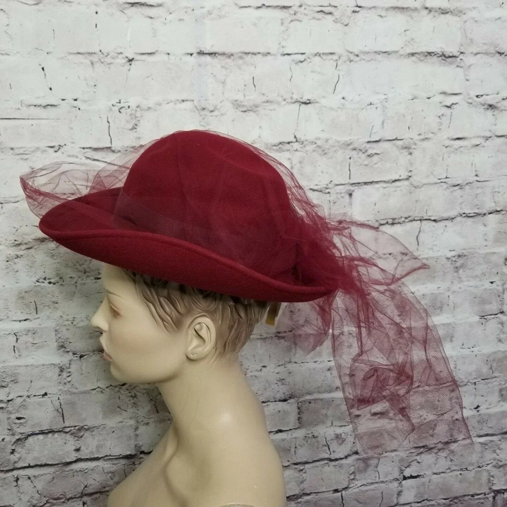 Vintage Michael Howard Maroon‎ Red Wool Hat Veil Church Derby Formal Wide Brim